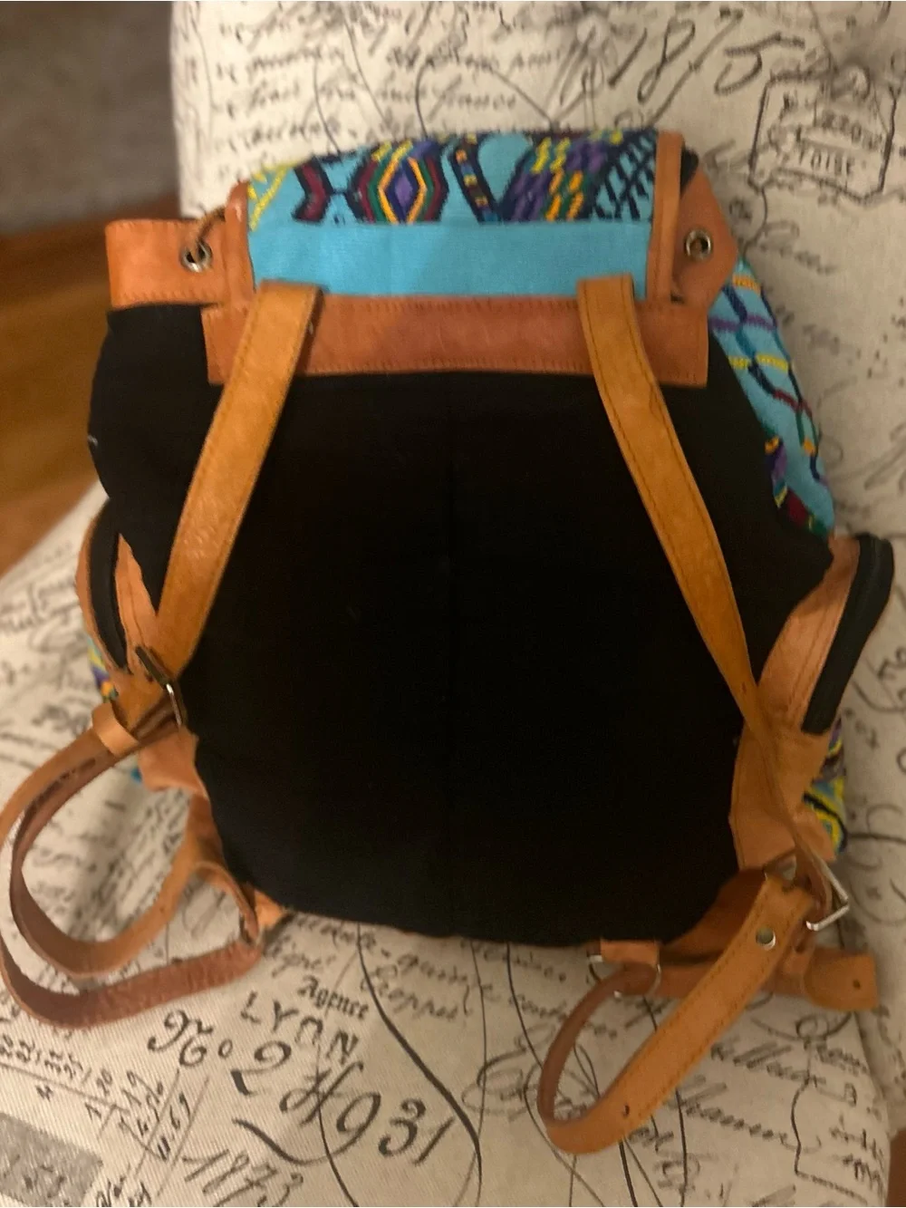 New Boho Embroidered Peruvian Embroidered genuine Leather-Trim large Backpack